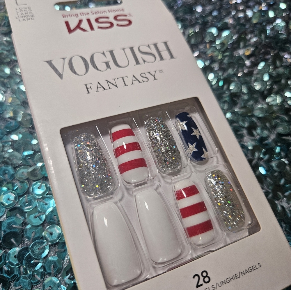 Kiss Vogush Fantasy Press-On Nails — Red, White, Blue & Silver